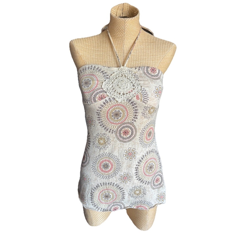 Self Esteem Y2K Babydoll Halter Top Size M Crochet Print Whimsigoth Fairy‎ Boho